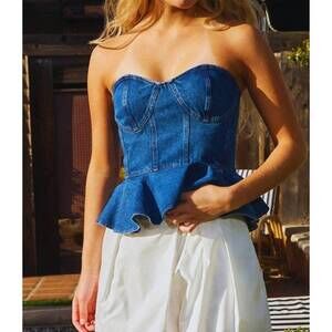 NEW BUCKETLIST denim strapless bustier peplum top in blue